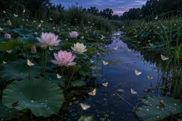 Peaceful twilight lotus marsh with pale moths hovering above blooming aquatic plants and reflective water.
