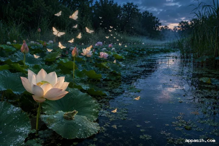 Detailed elevated view of a twilight lotus marsh with hovering pale moths, rain-speckled leaves, blooming flowers, and a reflective winding channel.