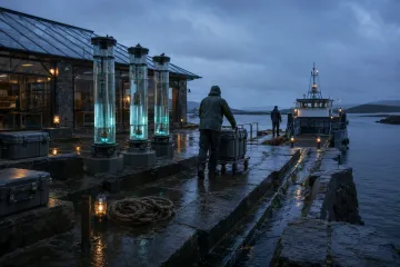 Rain-soaked coastal archive ferry terminal at blue hour with two anonymous couriers moving a sealed preservation case past glowing glass tide instruments toward a waiting ferry.