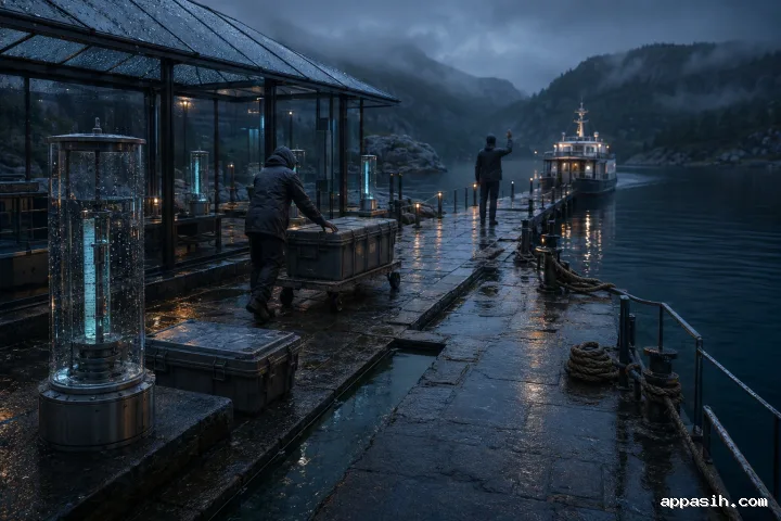 Elevated cinematic view of a rain-soaked coastal archive ferry terminal where anonymous couriers guide a sealed preservation case toward a waiting ferry among glowing glass tide instruments.