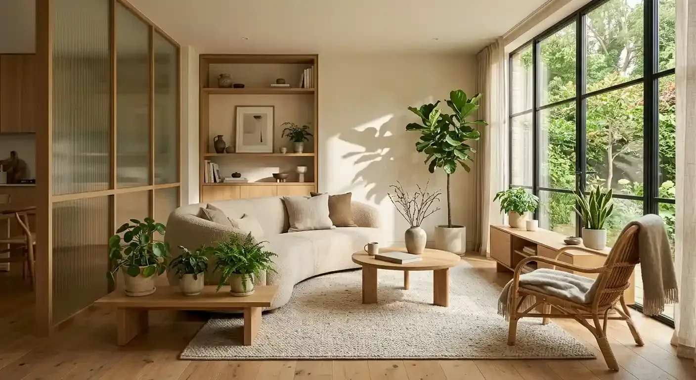 Warm Japandi living room with biophilic interior, curved sofa, natural wood, plants, and soft sunlight