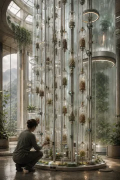 Portrait view of a climate research tower with suspended transparent seed capsules, airflow channels, environmental sensors, and an anonymous technician inspecting the system.