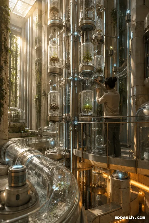 Elevated three-quarter portrait view of an atmospheric seed research tower with glowing sensor rails, condensation-covered capsules, glass airflow channels, and a technician adjusting a calibration ring.