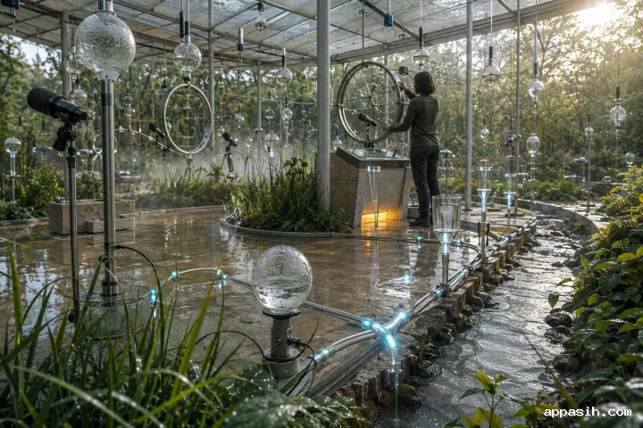 Elevated landscape view of a rainlit bioacoustic research pavilion where an anonymous technician calibrates suspended sound sensors above wetland plants and reflective water channels.