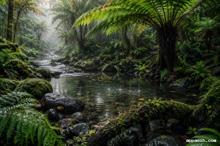 Elevated view across a rain-soaked cloud-forest basin with giant tree ferns, rippling pools, mossy roots, volcanic stones, and layered silver mist.