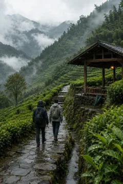 Two anonymous travelers walking along a wet stone path through misty mountain tea terraces toward a small timber rain shelter.