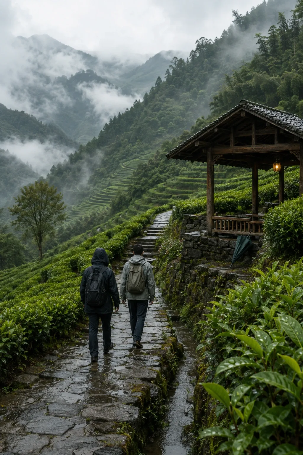 Two anonymous travelers walking along a wet stone path through misty mountain tea terraces toward a small timber rain shelter.
