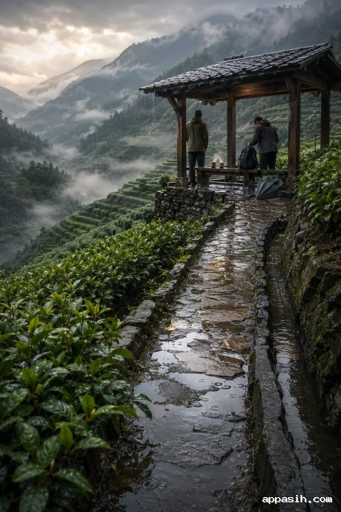 Elevated view of two anonymous travelers resting in a timber shelter above rain-soaked mountain tea terraces filled with drifting mist.