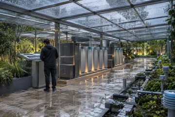 Paviliun microgrid berkanopi surya transparan setelah hujan dengan modul penyimpanan energi, saluran air, taman hijau, dan seorang teknisi anonim.