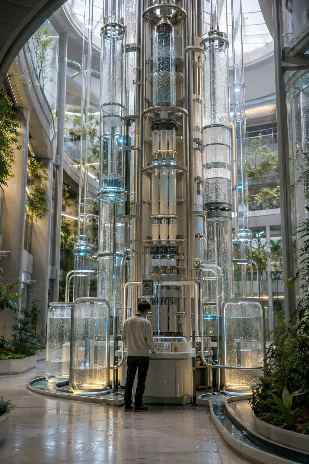 Anonymous technician inspecting a tall atmospheric water archive with transparent condensation chambers and climate sensors inside a modern research atrium.