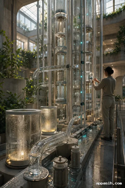 Elevated view of an anonymous technician calibrating a vertical atmospheric water archive as droplets move through transparent condensation chambers in a rainlit research atrium.
