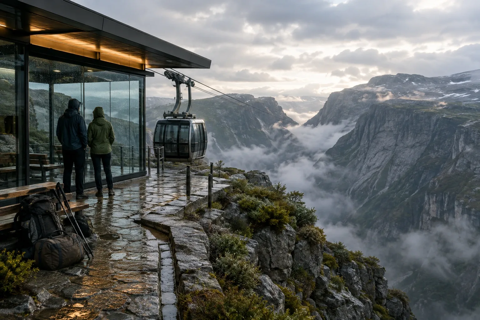 Two anonymous travelers inside a rain-speckled mountain tram shelter overlooking a mist-filled canyon and layered alpine ridges.