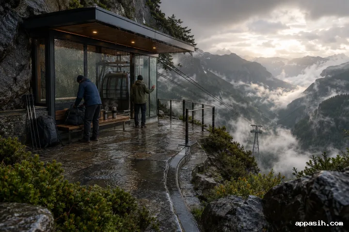 Elevated view of two anonymous travelers beneath a suspended mountain tram shelter above a rain-soaked terrace and misty canyon.