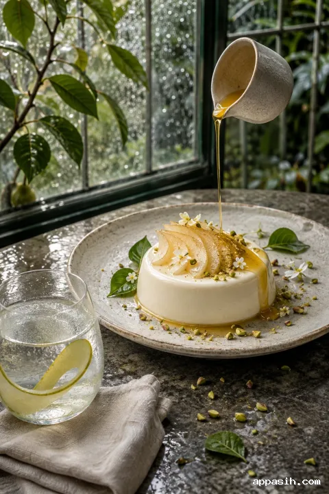 Elevated view of pear and saffron panna cotta as golden syrup is poured over translucent poached pear in a softly rainlit botanical conservatory.