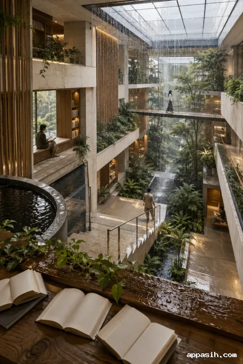 Elevated portrait view inside a rain-harvesting civic reading atrium with wet stone stairs, planted balconies, timber screens, reflective basins, anonymous readers, and rainfall beneath a translucent roof.