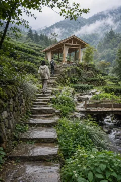 Dua wisatawan anonim berjalan menaiki jalur batu basah melalui kebun teh berkabut menuju paviliun kayu di pegunungan.