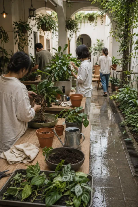 Neighbors repotting and caring for houseplants around wooden tables in a rain-fresh covered community courtyard.