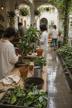 Neighbors repotting and caring for houseplants around wooden tables in a rain-fresh covered community courtyard.