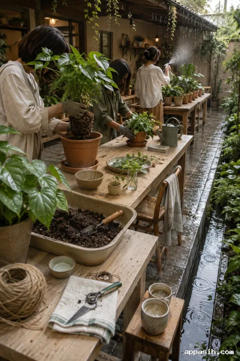 Elevated view of neighbors repotting, cleaning, and misting houseplants around a wooden table in a rain-washed community courtyard.