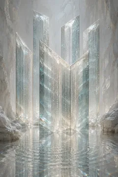 Portrait abstract scene of five translucent folded crystal prisms containing suspended luminous droplets above a reflective mineral floor.