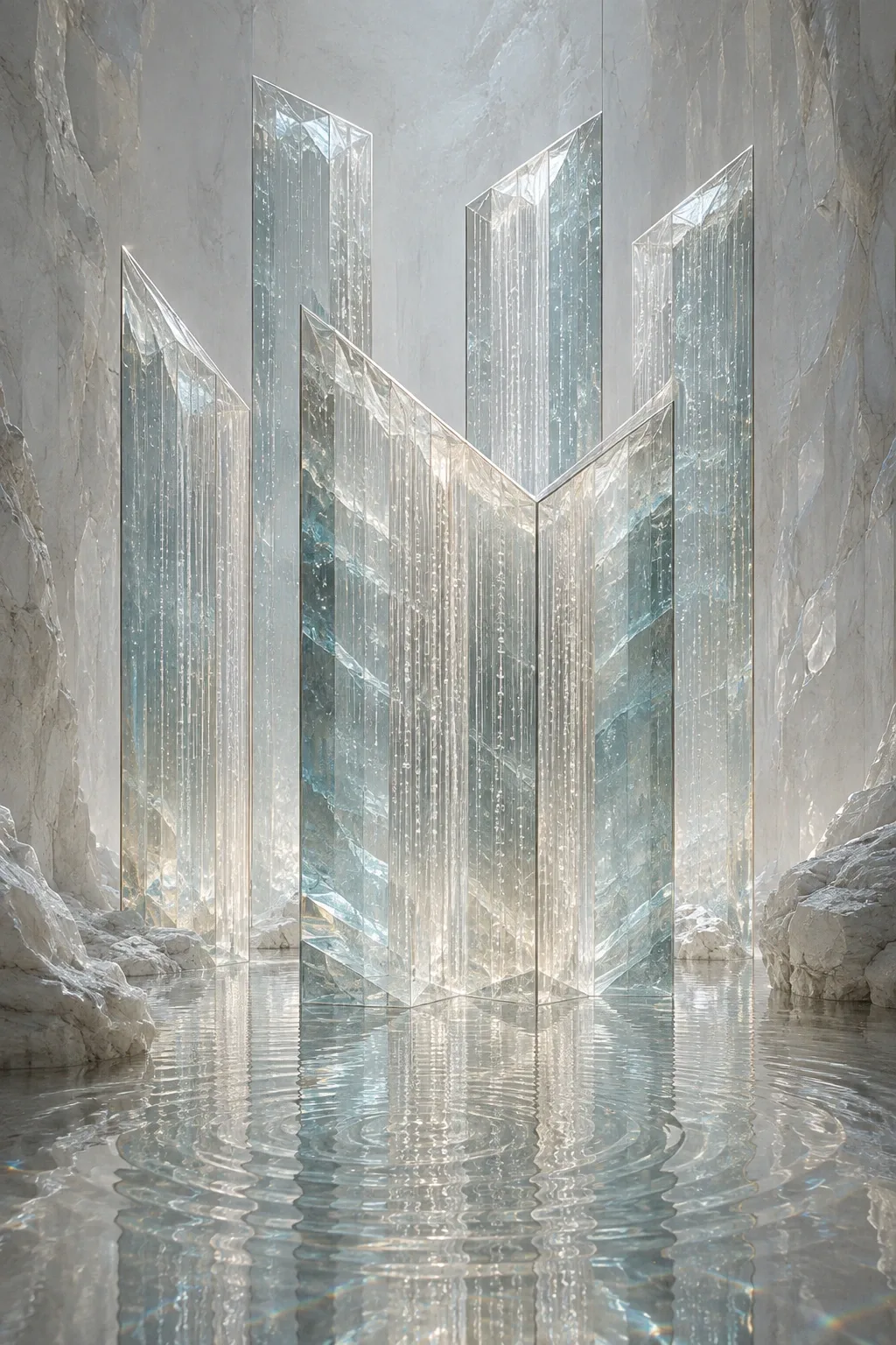 Portrait abstract scene of five translucent folded crystal prisms containing suspended luminous droplets above a reflective mineral floor.