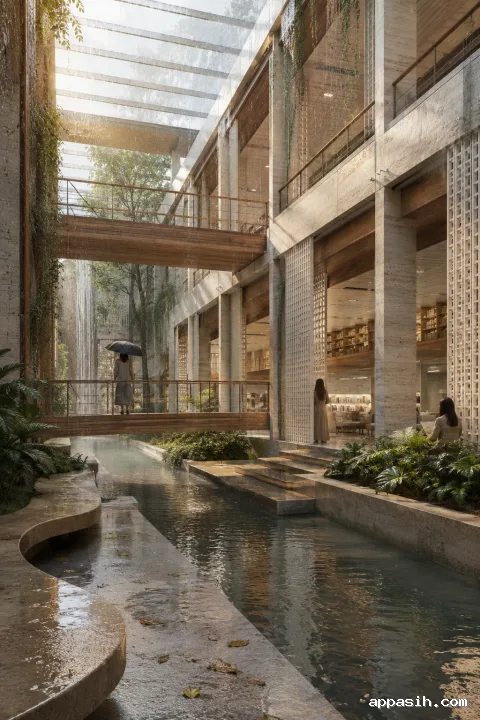Elevated portrait view inside a rain-fed contemporary courtyard library, featuring pale limestone galleries, timber bridges, translucent ceramic screens, reflective channels, greenery, and anonymous visitors in soft late-afternoon rainfall.