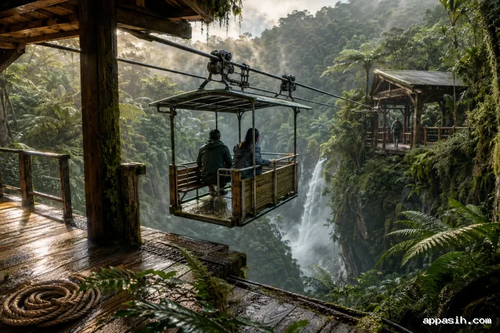 Elevated view of a cable-guided ferry carrying travelers across a rainlit cloud-forest gorge.
