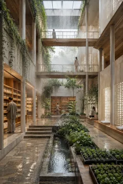 Portrait view of a contemporary seed archive pavilion with timber galleries, ceramic screens, mist, rainwater channels, planted terraces, and anonymous visitors.