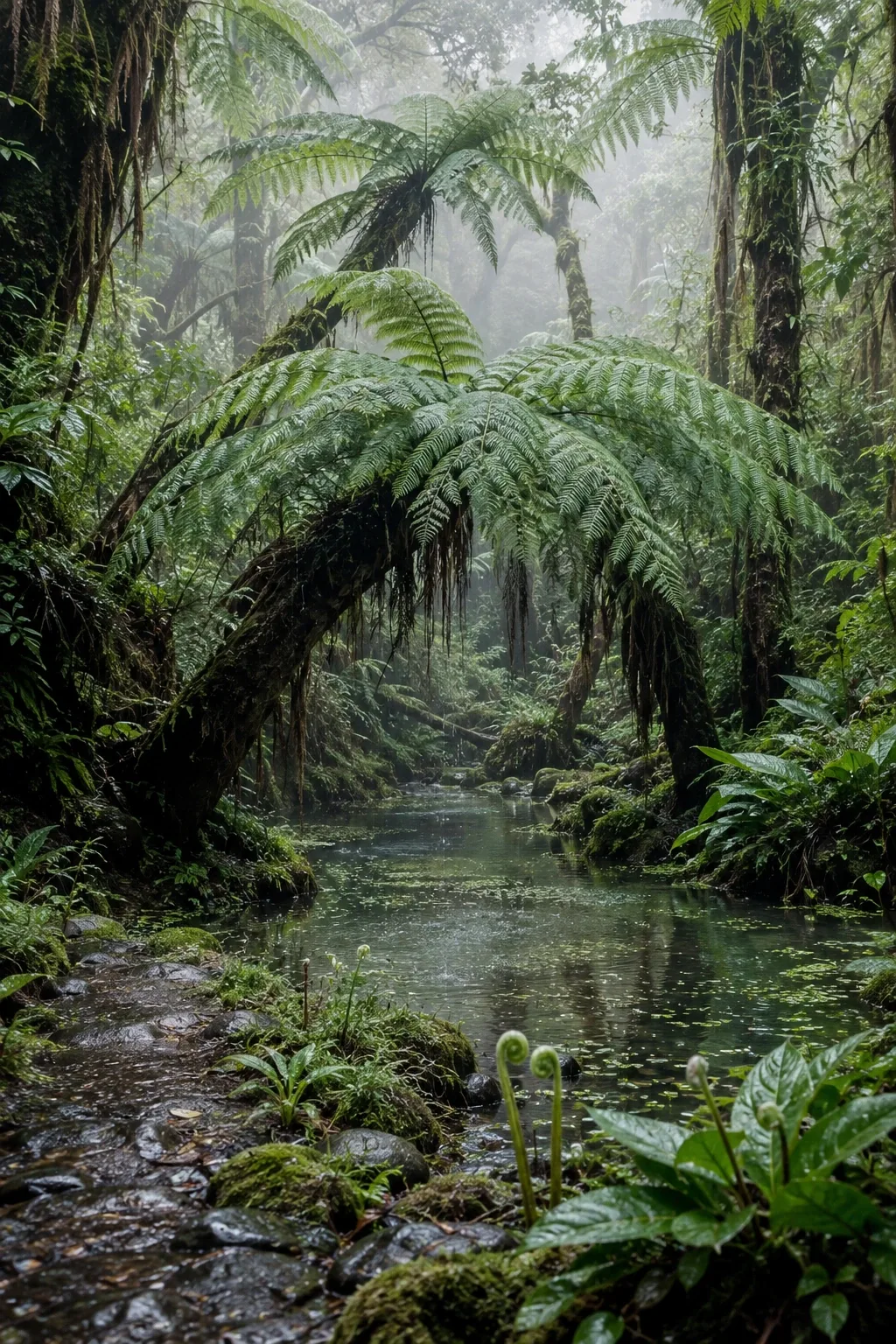 Giant bell-shaped tree ferns shelter a misty rain-fed nursery pool in a secluded cloud forest.