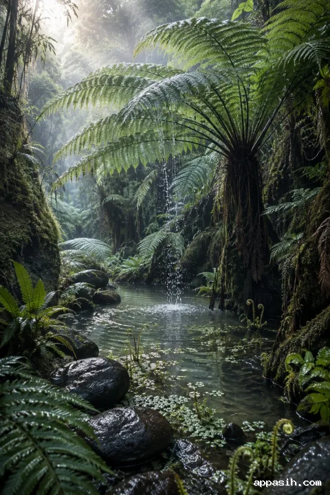 Elevated view of giant bell-shaped tree ferns sheltering a rain-fed nursery pool with mist, ripples, and late-afternoon highlights.