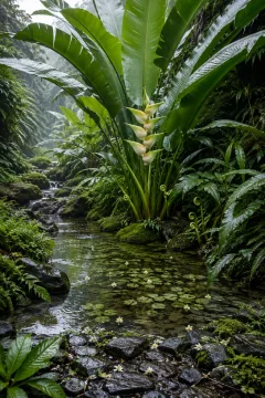 Giant rain-covered heliconia leaves shelter a clear nursery pool among mossy basalt stones in a misty tropical ravine.