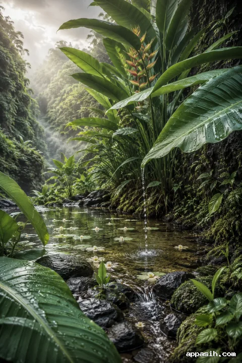 An elevated view of giant heliconia leaves channeling fresh rainwater into a misty tropical nursery pool surrounded by wet basalt and young plants.