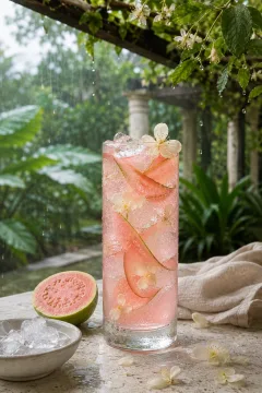 Tall sparkling pink guava and white tea tonic with translucent ice, curled fruit ribbons, and cream edible blossoms on a rain-cooled limestone garden table.