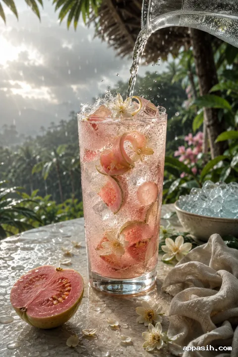 Sparkling guava and white tea tonic being poured from a clear carafe into a blossom-garnished glass on a wet limestone table beneath a tropical pergola.