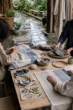 Three anonymous adults repair quilts and household textiles around a pale timber table in a peaceful rain-cooled courtyard studio.