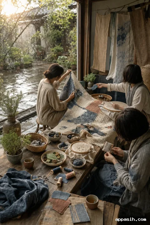 Three anonymous adults inspect and repair a faded quilt at a rain-damp courtyard worktable illuminated by soft late-afternoon light.