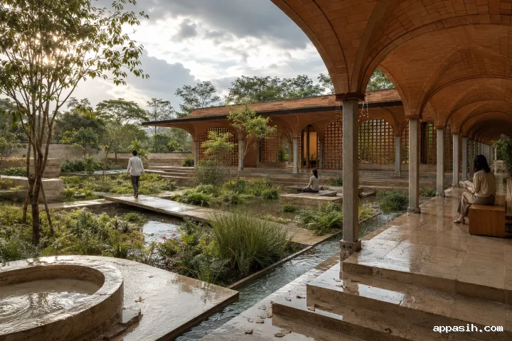 Elevated three-quarter view of a terracotta knowledge arcade with visitors, rain gardens, reflecting channels, and wet stone paving in late-afternoon light.