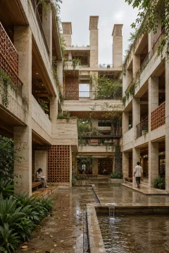 Portrait view of a contemporary terracotta reading tower surrounding a rain-cooled courtyard with planted galleries, wet limestone paving, and anonymous visitors.