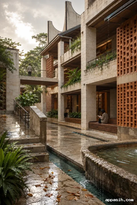 Elevated portrait view of a terracotta reading tower after rainfall, with stacked galleries, wind chimneys, planted terraces, reflective runoff channels, and anonymous visitors.