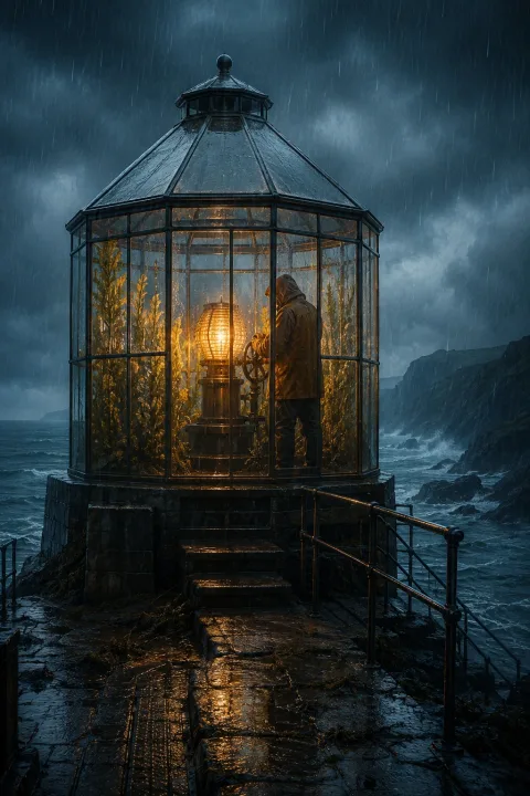 An anonymous signal keeper adjusts a glowing beacon inside a rain-covered coastal greenhouse at evening.