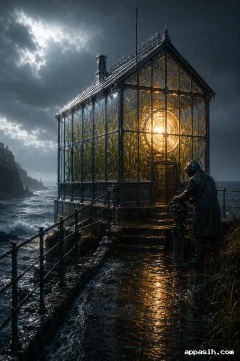 A signal keeper closes a valve beside a glowing beacon inside a rain-soaked coastal greenhouse viewed from an elevated angle.