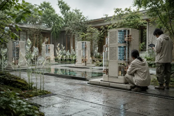 Landscape view of a rain-cooled ceramic computing garden with modular processing towers, reflective water channels, sensor plants, and two anonymous technicians.