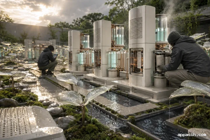 Elevated cinematic view of a rain-cooled ceramic computing garden with glowing glass conduits, modular towers, sensor leaves, reflective channels, and anonymous technicians.
