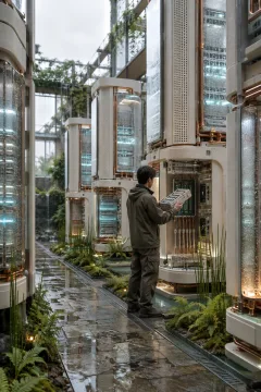 Portrait view of a sustainable server grove with translucent dew-collecting towers, ceramic processors, planted cooling channels, and an anonymous technician inside a rain-cooled research atrium.