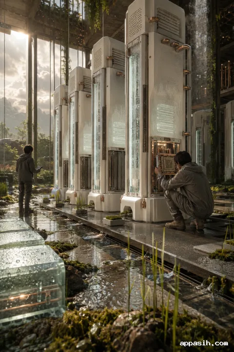 Elevated portrait view of a dew-cooled computing grove with ceramic server towers, translucent condensation panels, planted water channels, and two anonymous technicians after rainfall.