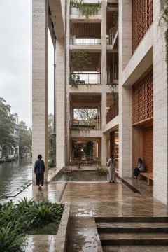 Portrait architectural visualization of a community archive tower with stacked stone galleries, terracotta screens, planted terraces, a rain courtyard, and a calm canal after rainfall.