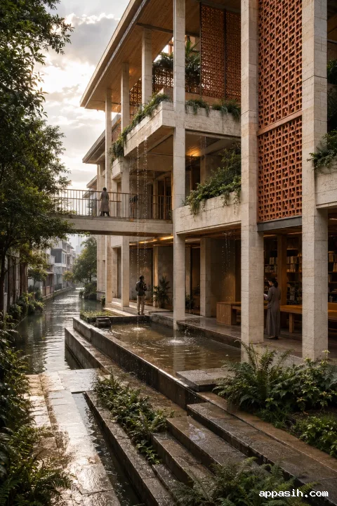 Elevated portrait view of a rain-harvesting community archive tower with limestone galleries, terracotta screens, planted terraces, anonymous visitors, and reflective canal-side paving after rainfall.