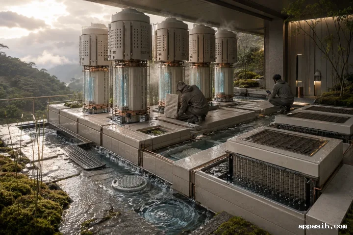 Elevated landscape view of a wet hillside computing terrace with ceramic processor columns, glowing vapor chambers, rainwater channels, mist condensers, and two anonymous technicians.