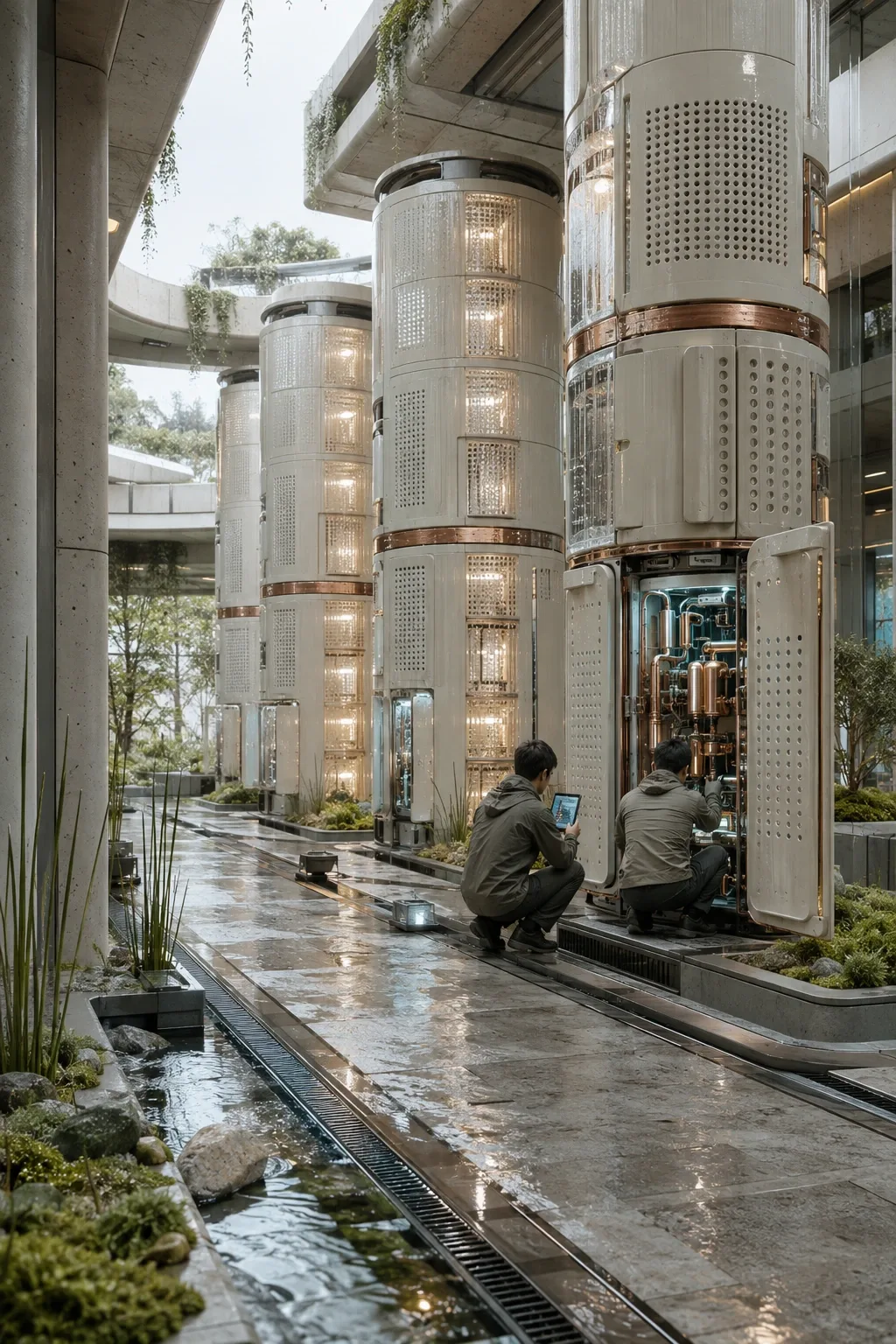 Portrait view of a sustainable atmospheric computing atrium with ceramic processor towers, rainwater cooling channels, moss beds, and two anonymous technicians.