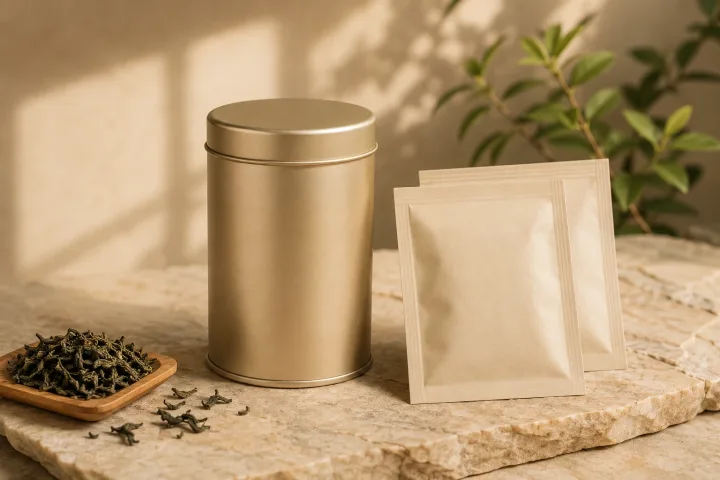 Blank amber glass hand wash pump bottle and matching refill pouch displayed on a light stone counter.